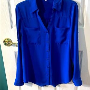 Express Blue Long Sleeve Notched Collar Blouse